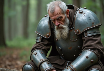Fototapeta premium Old man in heavy old metal armor, wear, rust, scratches, stains, dirt. Old man is tired and sad. Closeup sitting on a log in a forest