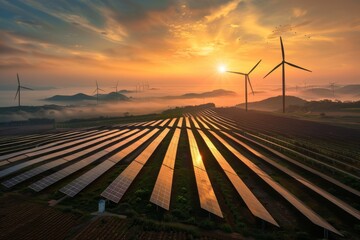 Sunset over a field of solar panels and wind turbines. Conceptual image showcasing renewable energy sources. Perfect for illustrating sustainable energy themes. Generative AI