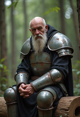Naklejka premium Old man in heavy old metal armor, wear, rust, scratches, stains, dirt. Old man is tired and sad. Closeup sitting on a log in a forest