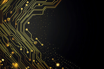 A modern abstract design featuring gold lines and dots representing network science and technology on a high-tech dark background. Ideal for templates, web design, and presentations