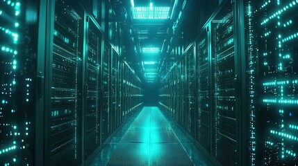 A high-tech data center with rows of servers, blinking lights, and AI-driven monitoring systems processing massive amounts of data in real-time, showcasing the power of advanced computing technology