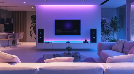 A smart home living room with voice-controlled lighting and temperature systems, AI-driven entertainment options, and a sleek, modern design with minimalistic decor and integrated technology