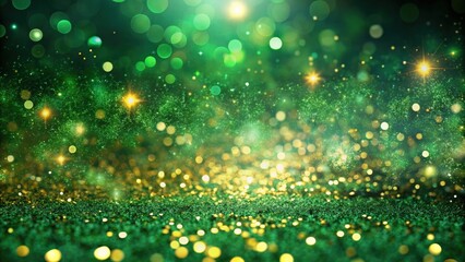 Abstract green background with golden sequins and glittering dust particles, creating a magical and dazzling effect