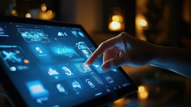 A person adjusting the lighting and temperature of their smart home using a touch-screen device, with AI-driven automation systems in the background controlling various home functions seamlessly