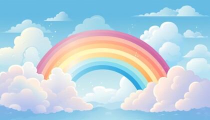 Fototapeta premium Rainbow in cloudy sky, flat design, front view, uplifting theme, animation, Complementary Color Scheme