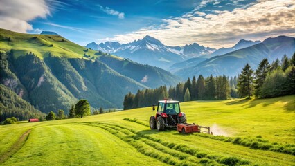 Small tractor cutting grass on alpine field, tractor, cutting, grass, alpine, field, agriculture, farming, machinery