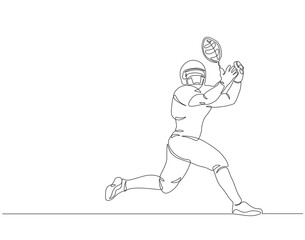 Continuous one line drawing of rugby player holding ball. One line drawing illustration of rugby player with ball. American football, sport, soccer ball, running concept line art. Editable outline