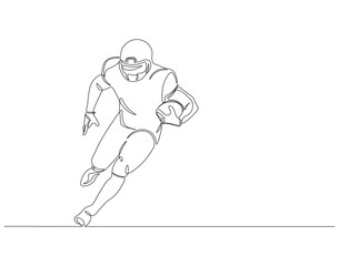 Continuous one line drawing of rugby player holding ball. One line drawing illustration of rugby player with ball. American football, sport, soccer ball, running concept line art. Editable outline
