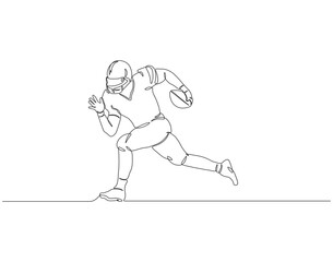 Fototapeta premium Continuous one line drawing of rugby player holding ball. One line drawing illustration of rugby player with ball. American football, sport, soccer ball, running concept line art. Editable outline