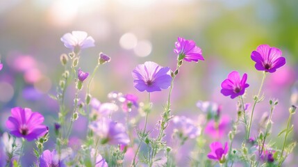 Fototapeta premium A field of delicate wildflowers bathed in golden sunlight, symbolizing nature's beauty, springtime, growth, hope, and renewal.