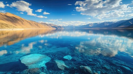 The mystical landscape of Ladakh, featuring the Pangong Lake with its crystal-clear blue waters and surrounding mountains.