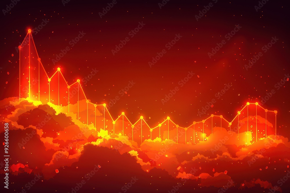 Poster a glowing orange line graph over a vibrant, abstract red background with dynamic light effects.