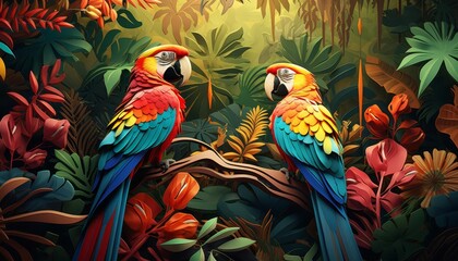 Obraz premium Rainforest scene with parrots, flat design, side view, jungle theme, 3D render, Triadic Color Scheme
