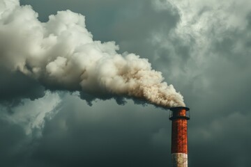 Industrial chimney smoking against a cloudy sky. Pollution concept. Image style is realistic, purpose is environmental awareness. Stock photo type. Generative AI
