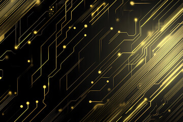 A modern abstract design featuring gold lines and dots representing network science and technology on a high-tech dark background. Ideal for templates, web design, and presentations