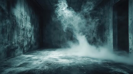 Dark, empty concrete room with smoke and cobwebs, eerie Halloween vibe, high contrast lighting