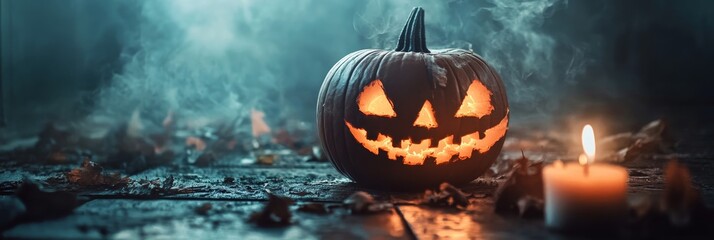 Fototapeta premium A jack-o-lantern with a menacing grin sits on a wooden surface surrounded by fallen leaves, smoke, and a glowing candle, symbolizing the eerie and mysterious atmosphere of Halloween.