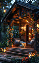 A cozy cabin with a porch lit up with candles and lanterns. The porch has a bench and a chair, and there are potted plants and flowers on the steps. The atmosphere is warm and inviting