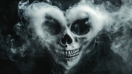 A human skull obscured by wispy smoke forming a heart shape, symbolizing love, loss, death, mystery, and the afterlife.