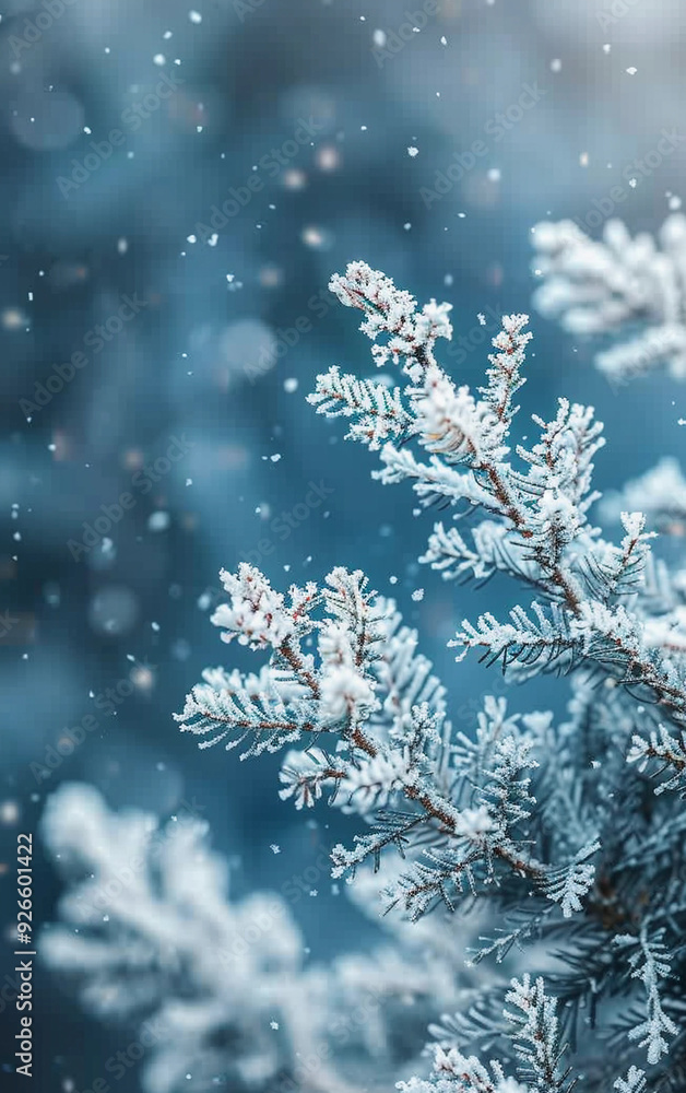 Poster a close up of a tree branch covered in snow. concept of tranquility and peacefulness, as the snowfla