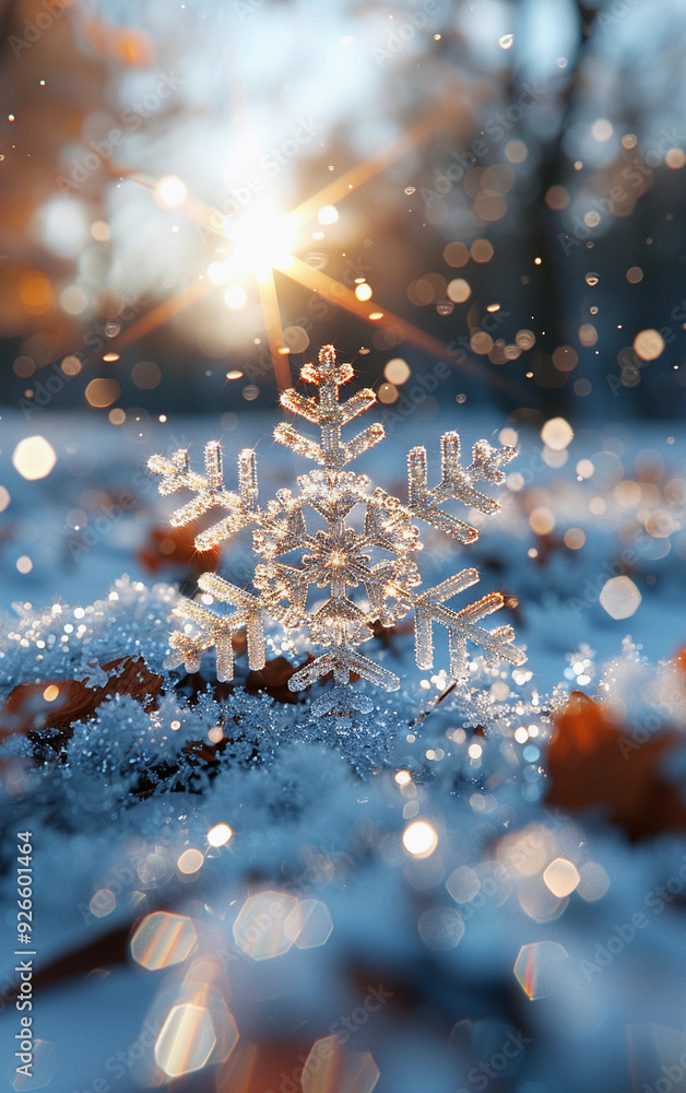 Poster a snowflake is on a snowy ground with a bright sun in the background. the snowflake is surrounded by