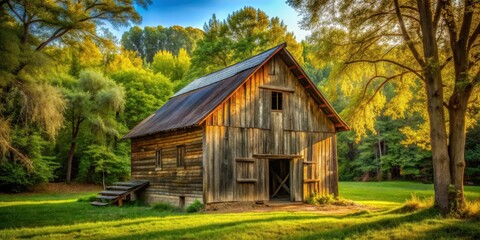 Obraz premium Rustic small wooden barn house surrounded by trees , cabin, country, farm, rural, quaint, charming, cozy, vintage