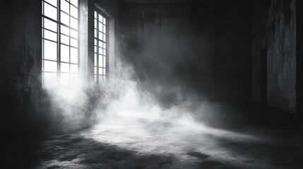 Empty concrete room with dark, ominous shadows, smoke creeping along the floor, faint cobwebs, Halloween theme, monochrome