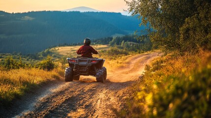 A lone ATV rider enjoys a thrilling off-road adventure on a dusty mountain trail, with scenic views and the warm glow of sunset in the background. The image symbolizes adventure, exploration, freedom,