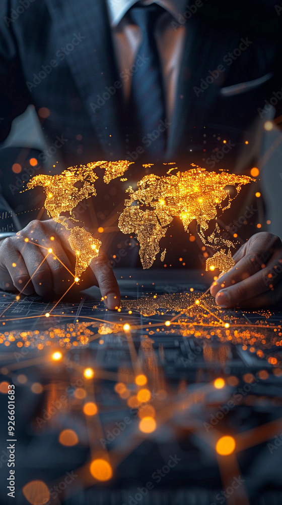Poster a man is pointing at a globe on a table. the globe is surrounded by a lot of glowing lines, giving i