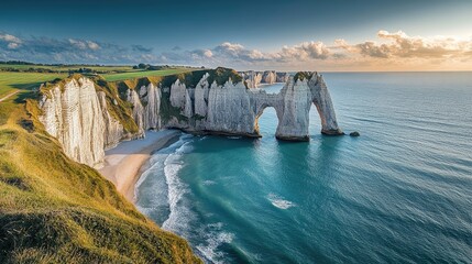 The picturesque cliffs of Etretat, bathed in sunlight and surrounded by the blue waters of the English Channel, captured in a stunning panoramic landscape.