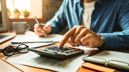 A close-up shot of a stressed young Asian businessman, focusing intently as he uses a calculator to determine his tax income, expenses, and credit card bills. The setting appears to be either his home