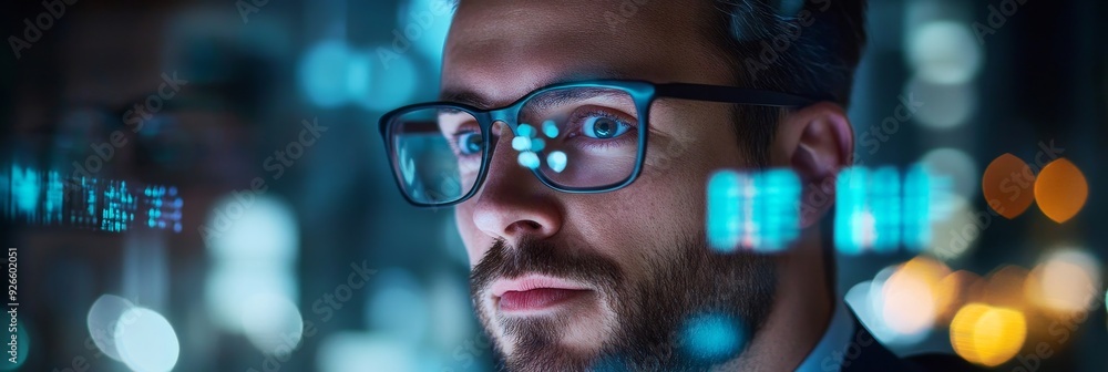 Poster a man wearing glasses focuses intently on digital data, city lights creating a bokeh effect in the b