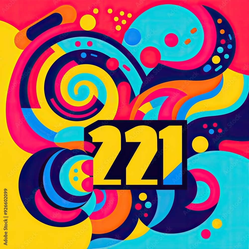 Poster colorful abstract design featuring swirling patterns and the number 221 prominently displayed.