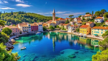 Fototapeta premium Scenic view of the blue lagoon village Veli Losinj on sunny day, Veli Losinj, blue lagoon, village