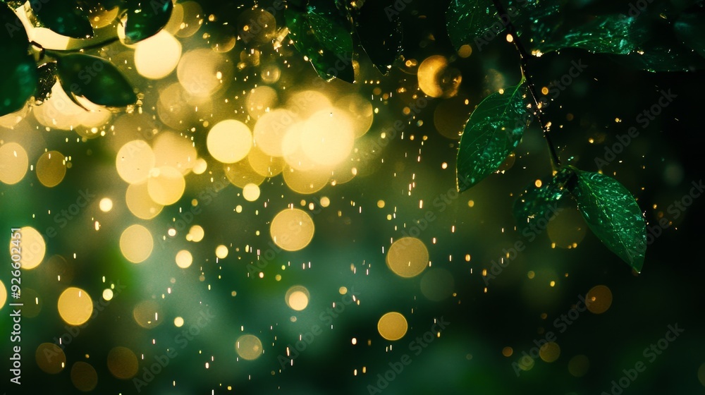 Poster a mesmerizing image of golden light filtering through lush green leaves, creating a magical effect o