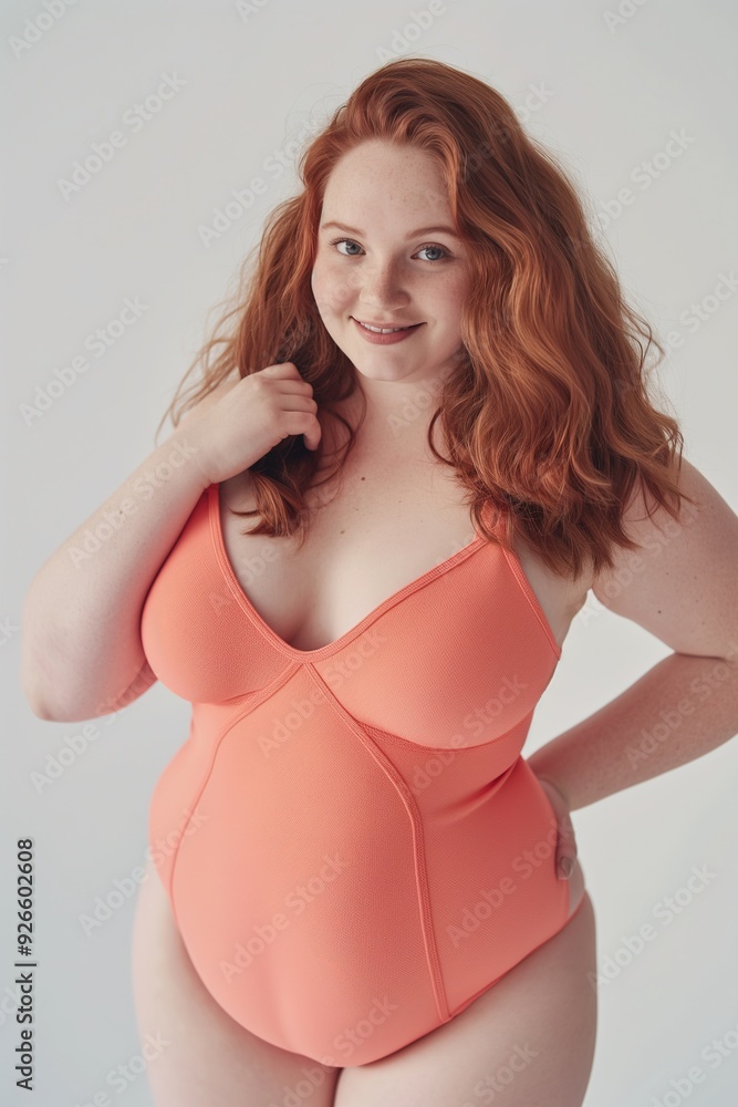 Wall mural A young woman with red hair smiles in a coral swimsuit.