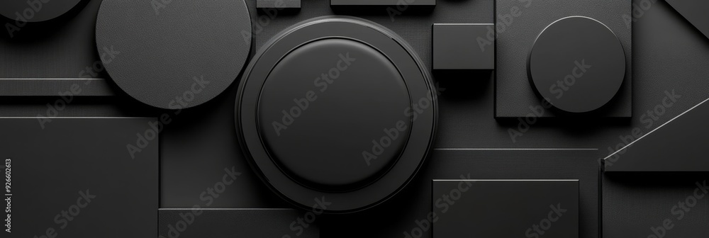 Poster a minimalist design featuring a variety of black geometric shapes, including circles, squares, recta
