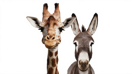 Giraffe and donkey face isolated on background