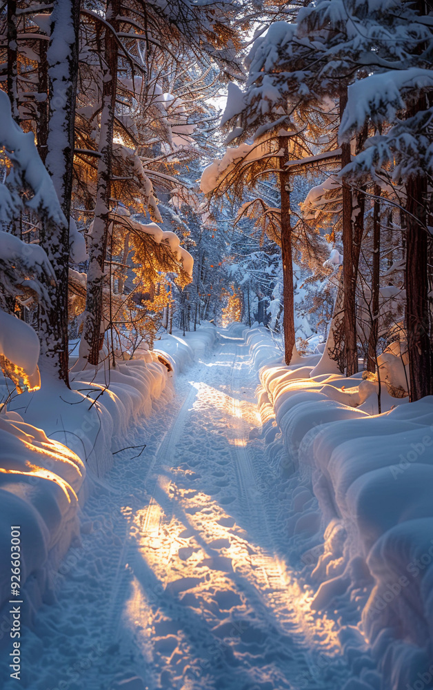 Poster a snow-covered path in a forest with the sun shining through the trees. the snow is piled up on the 