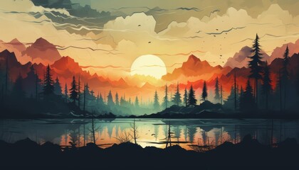 Obraz premium Raw nature photography flat design front view untouched wilderness watercolor Triadic Color Scheme