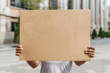 Unidentified person holding a blank cardboard sign mock up in an urban setting during daylight hours