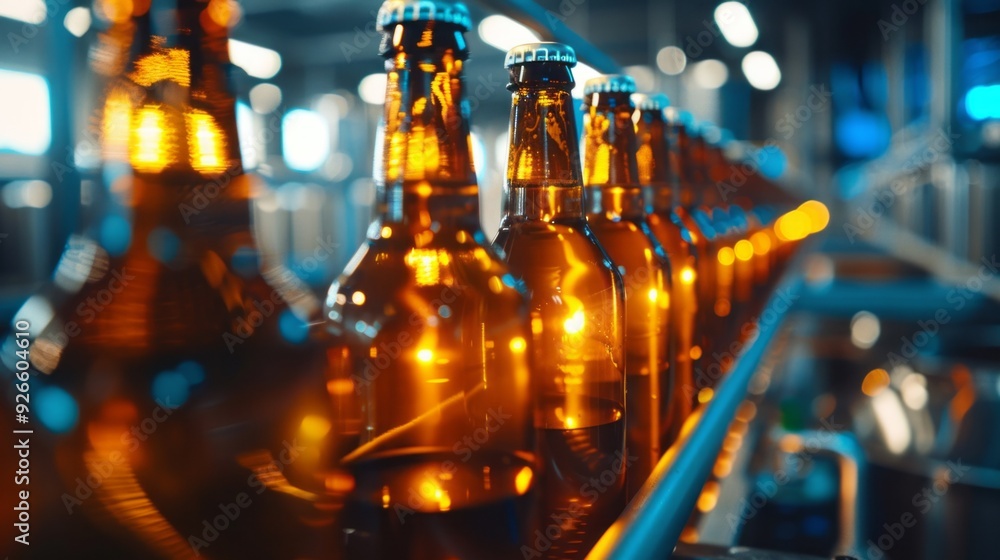 Poster shiny glass bottles filled with craft beer move swiftly along the brewing production line, illuminat
