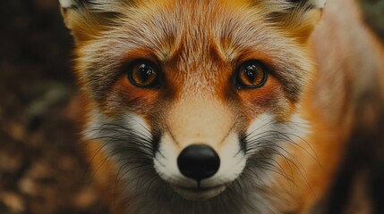 Fototapeta premium A red fox stares directly at the camera with curiosity and alertness, showcasing its vibrant fur, sharp eyes, and endearing facial features. This image embodies the fox's intelligence, wild nature, an