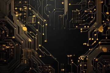 A modern abstract design featuring gold lines and dots representing network science and technology on a high-tech dark background. Ideal for templates, web design, and presentations