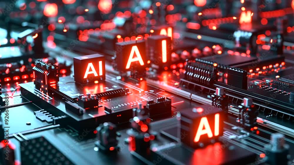 Poster zoomed-in view of a high-speed assembly line, where advanced microchips bearing the ai mark undergo 