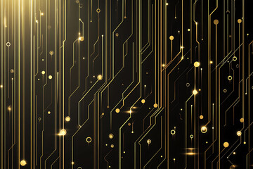 A modern abstract design featuring gold lines and dots representing network science and technology on a high-tech dark background. Ideal for templates, web design, and presentations