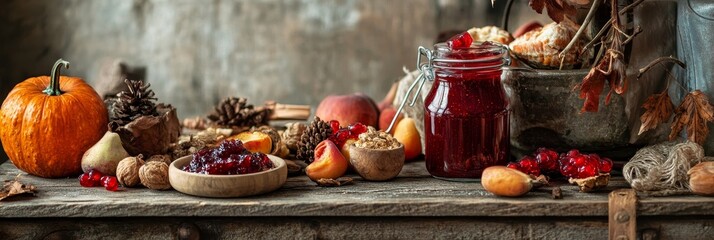 A rustic table setting with a jar of homemade jam, pumpkins,  apricots, nuts, and a  rustic background. This image symbolizes fall harvest, homemade goodness,  and the simple pleasures of autumn.