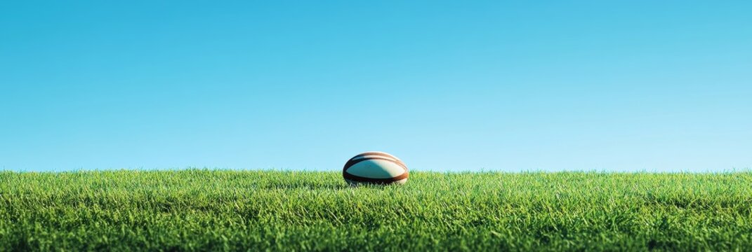 A rugby ball rests on a lush green grass field, against a backdrop of a clear blue sky. The image symbolizes sport, competition, teamwork, achievement, and leisure.