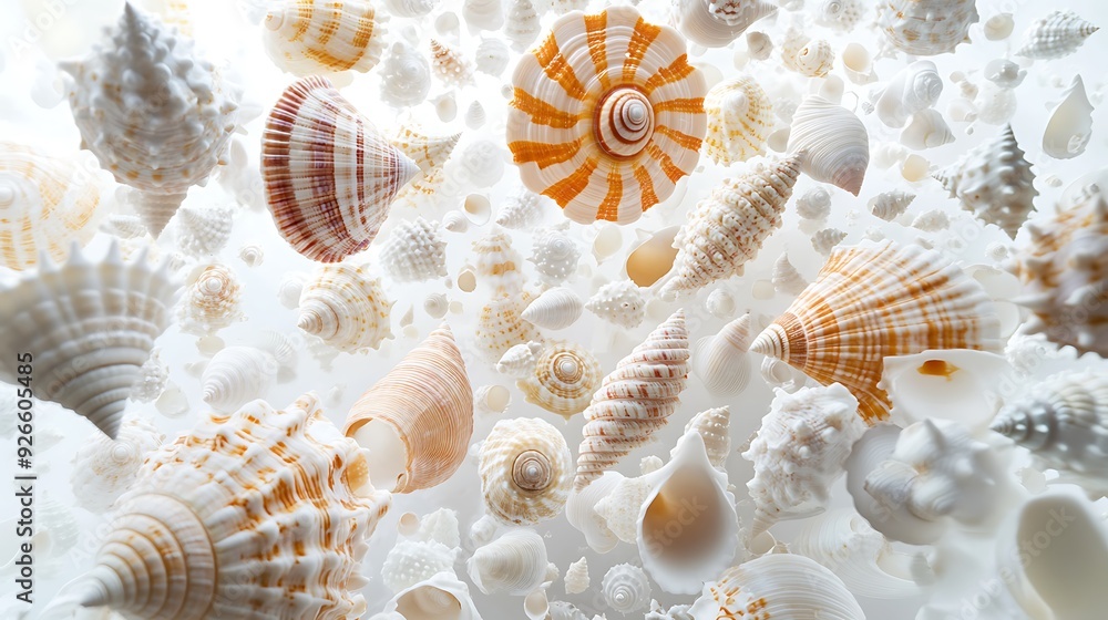 Poster an array of seashells of various shapes, sizes, and colors against a white background.