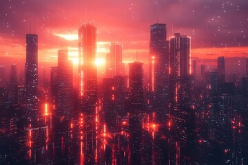 Obraz premium futuristic digital cityscape glowing energy grid floating data streams geometric patterns scifi atmosphere